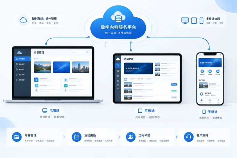 多终端展示电子娱乐内容与服务流程的科技风场景